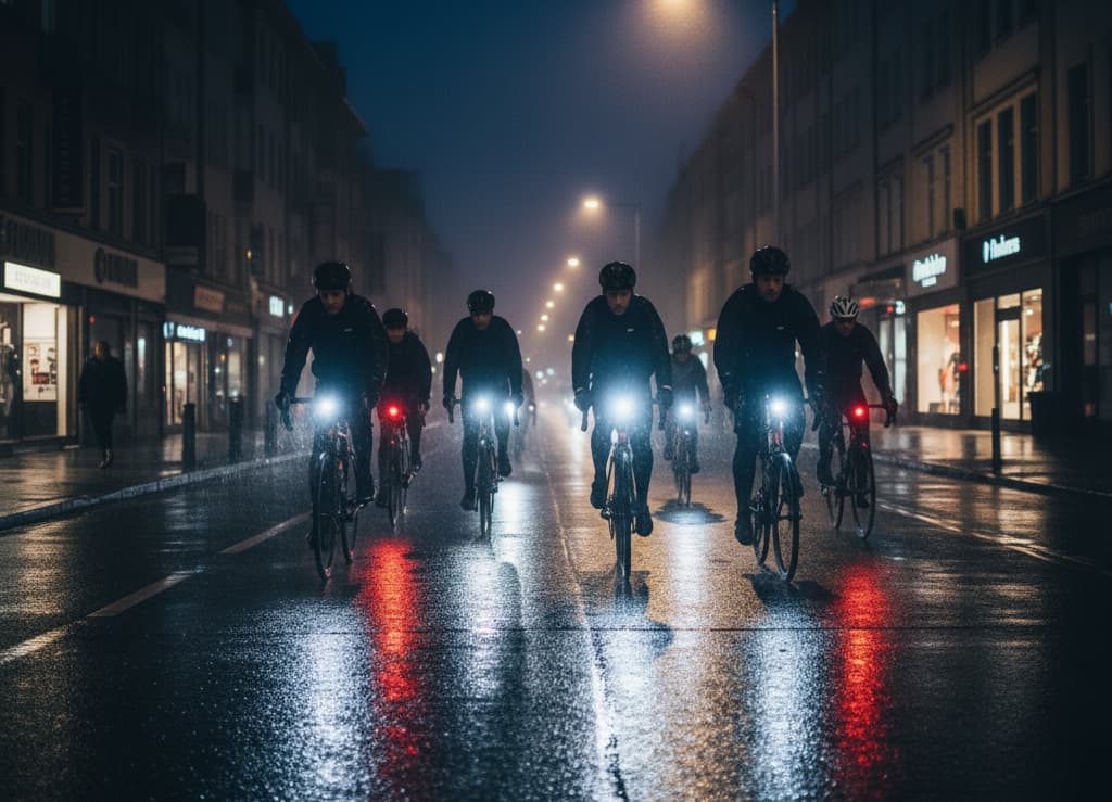 cyklister en mørk aften med lys på cyklen
